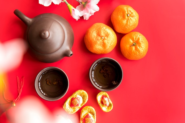 Composição de ano novo chinês com chá