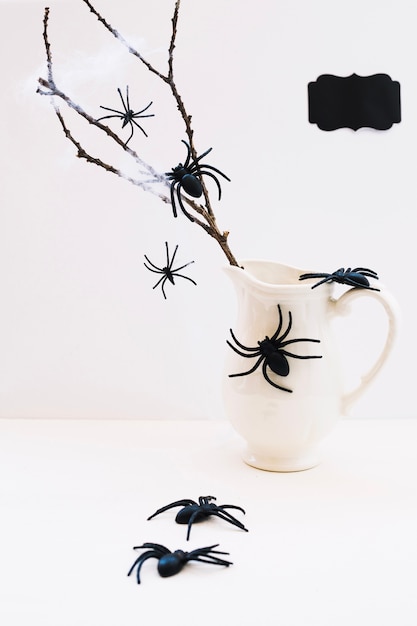 Composição de aranhas e jarro com ramo
