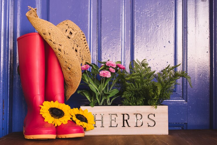 Foto grátis composição de jardinagem com gumboots e chapéu