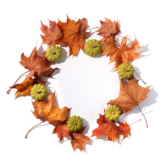 Composição de outono. quadro redondo de folhas secas e abóboras em fundo branco. vista do topo. postura plana. Foto Premium