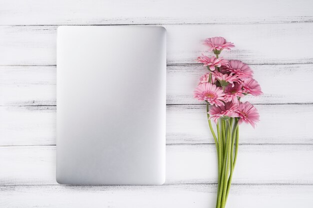 Composição plana leiga de flores e laptop