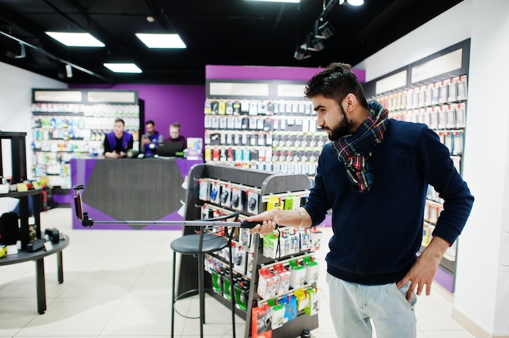 Foto grátis comprador de clientes indianos na loja de telefones celulares fazendo selfie por smartphone em monopés conceito de povos e tecnologias do sul da ásia loja de celulares