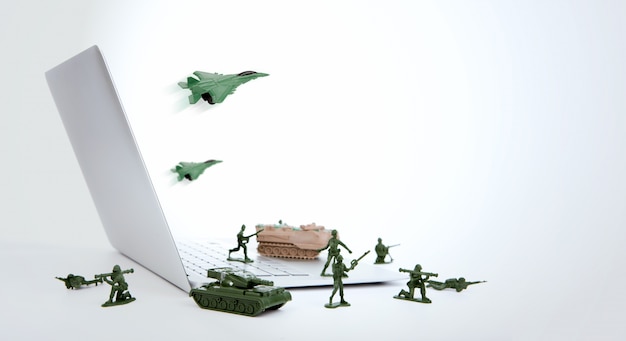 Foto grátis computador conceito de segurança: soldados, tanque, avião está guardando um