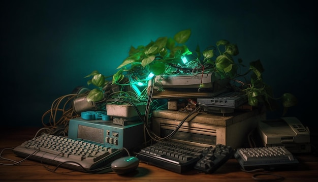 Foto grátis computador obsoleto em fundo iluminado de mesa antiga gerado por ia