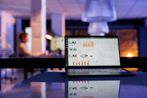 Computador portátil com o progresso dos lucros da empresa no ecrã