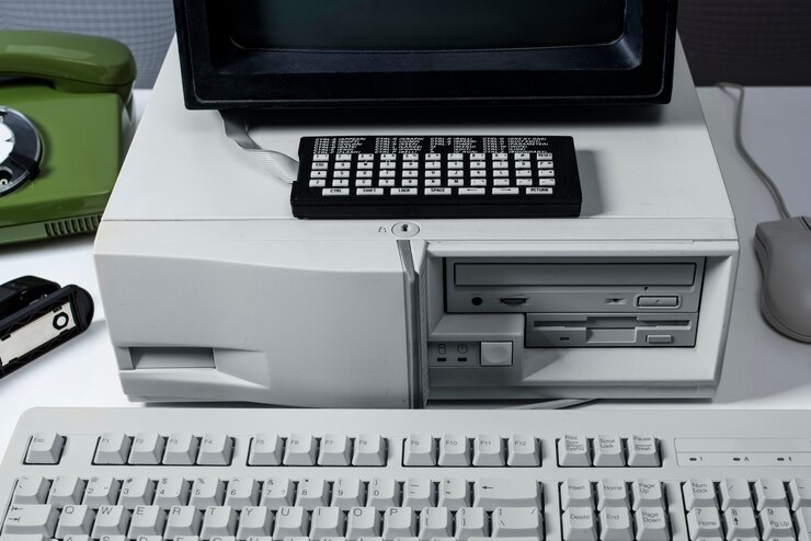Foto grátis computador retrô e tecnologia com monitor e hardware