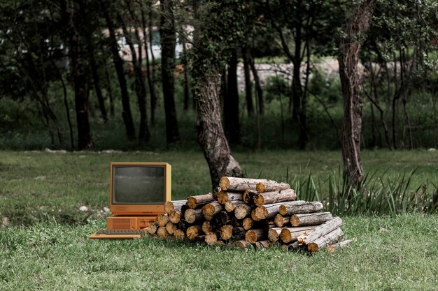 Computador retrô na floresta