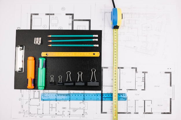 Conceito arquitetura, com, edifício, plano