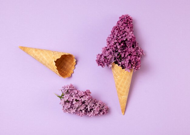Conceito de comida eco elegante com flores na casquinha de sorvete