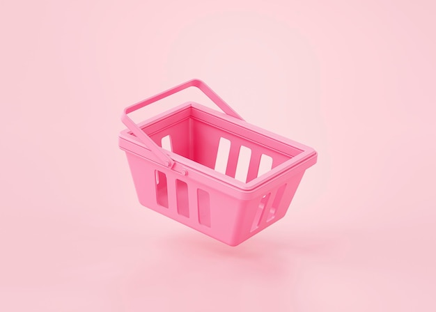 Conceito de compras on-line de cesta de compras vazia rosa na renderização 3d de fundo rosa