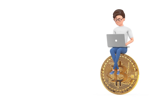 Conceito de criptografia de finanças. personagem de desenho animado pessoa empresário com laptop trabalhando sobre digital e criptomoeda golden bitcoin coin em um fundo branco. renderização 3d