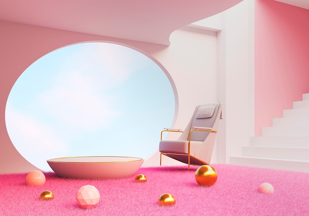 Conceito de design de interiores de quarto rosa 3d