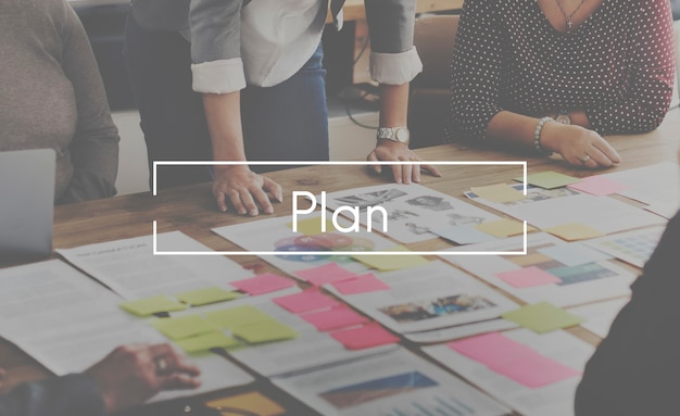 Conceito de discussão de design de estratégia de planejamento de plano