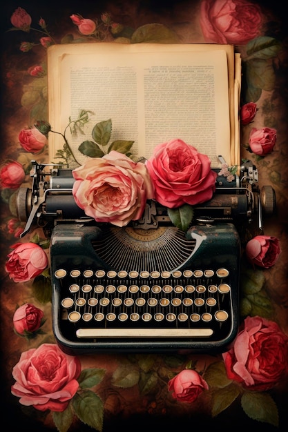 Conceito de Feliz Dia dos Namorados em folha de papel vintage com rosas e máquina de escrever