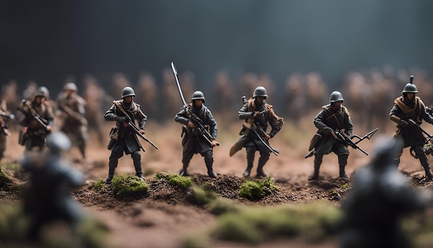 Foto grátis conceito de guerra siluetas militares cena de combate em fundo de céu de névoa de guerra soldados da guerra mundial siluetas abaixo do horizonte nublado à noite cena de ataque veículos blindados tanques de batalha decoração