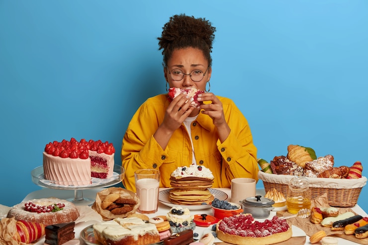 Foto grátis conceito de gula e excessos. chorando chateada, mulher étnica come um pedaço de bolo com relutância, senta-se à mesa com muitas sobremesas, isolada sobre uma parede azul