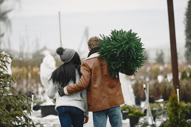 Conceito de inverno. Cara com um casaco marrom. Vendedor de Árvore de Natal. Casal internacional.