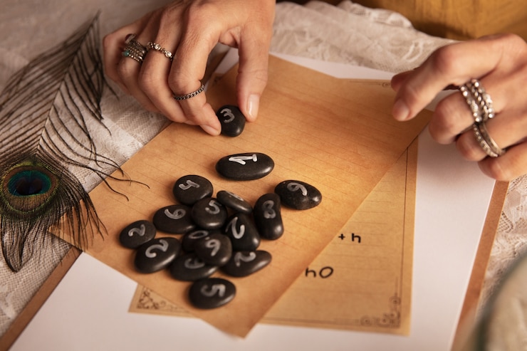 Foto grátis conceito de numerologia com alto ângulo de seixos