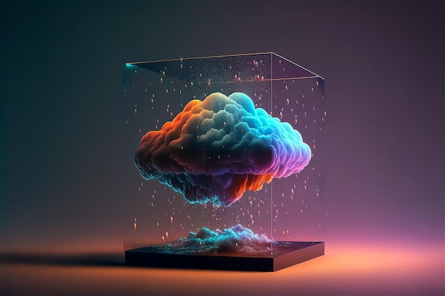 Conceito de nuvem criativa em cubo de vidro Infraestrutura de metaverso digital Cloudscape