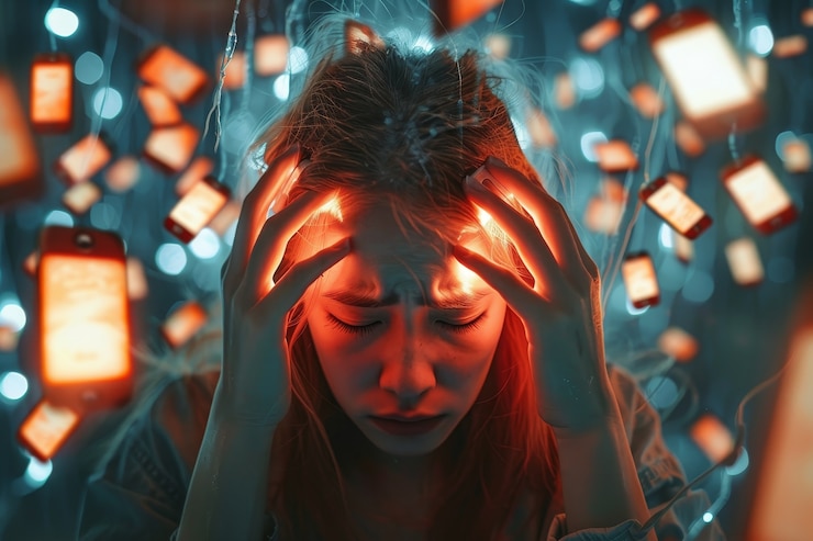 Foto grátis conceito de pessoa que sofre de ciberdoença e dependência de tecnologia