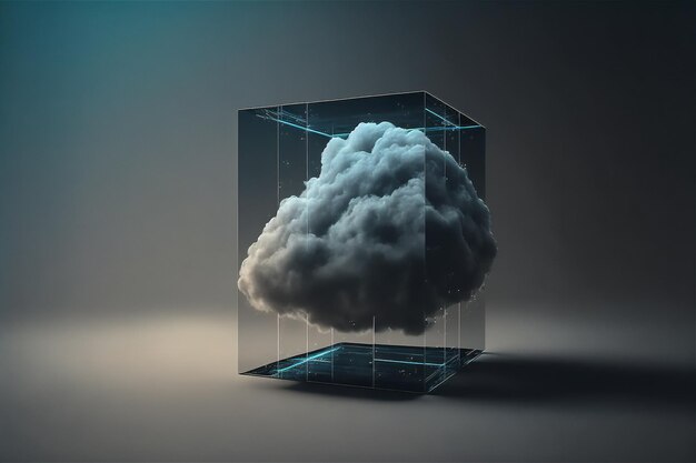 Conceito de rack de armazenamento de dados em nuvem on-line em servidor digital de cubo de vidro para banco de dados de rede global