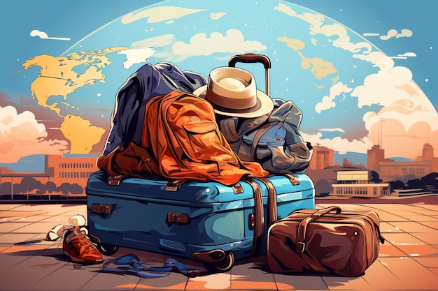 Conceito de viagem de estilo desenho animado com bagagem