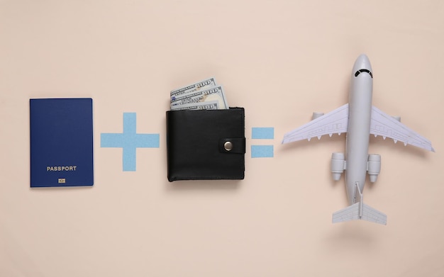 Conceito de viagem equação com carteira de passaporte e avião em fundo bege