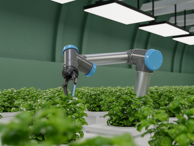 Conceito futurista de robótica na agriculturaTecnologia agrícola e automação agrícola