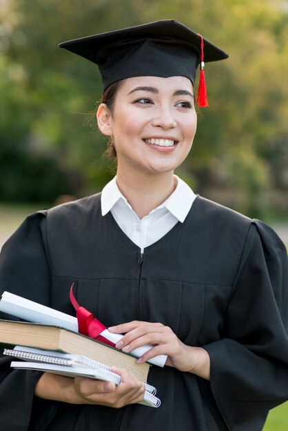 Conceito graduação, com, retrato, de, mulher feliz