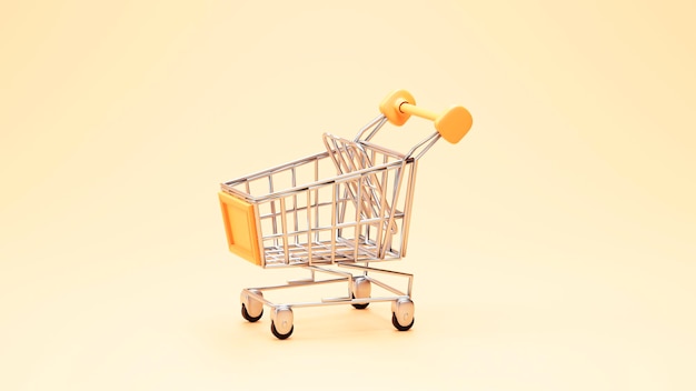 Conceito mínimo de compras de carrinho de compras em renderização 3d de fundo laranja
