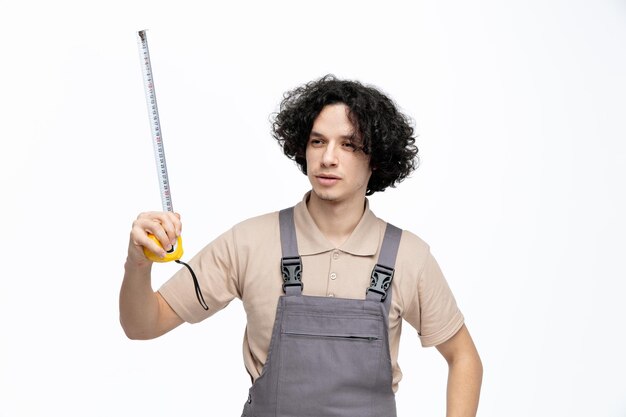 Concentrado jovem trabalhador da construção civil vestindo uniforme segurando fita métrica olhando para o lado isolado no fundo branco