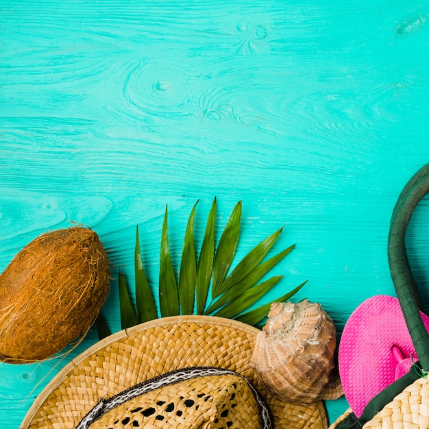 Concha do mar e chapéu com plantas perto de frutas e flip flop no saco