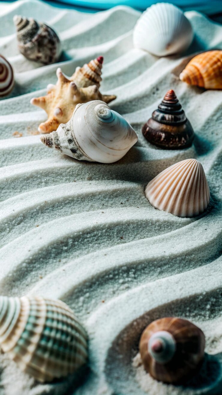 Foto grátis conchas dispostas em fila em uma praia de areia criando um desenho natural