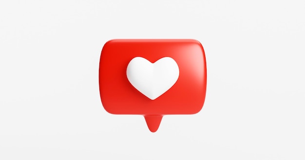 Ícone de notificação de mídia social em forma de coração em renderização 3D de fundo de bolhas de fala