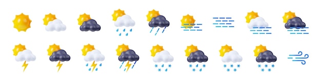 Ícones de previsão do tempo com sol nuvem chuva neve