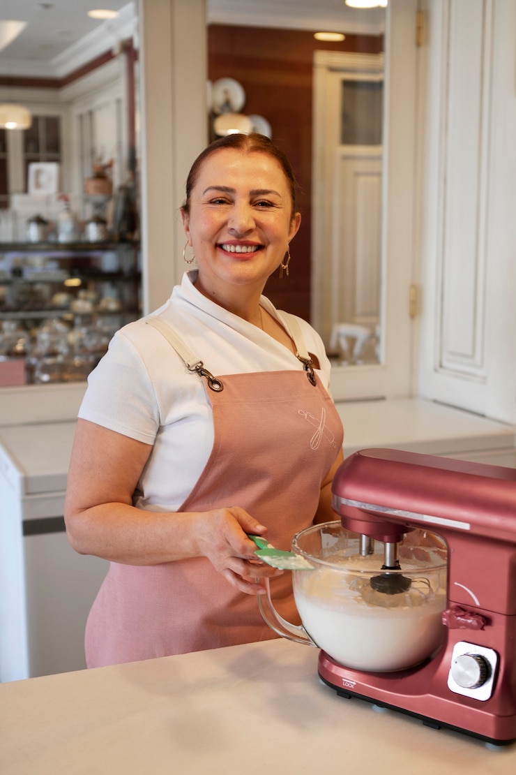 Foto grátis confeiteiro feminino com misturador em uma pastelaria