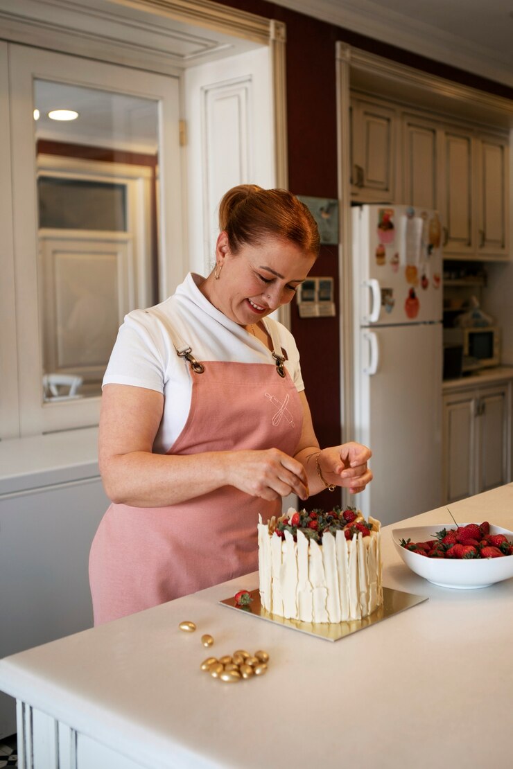 Foto grátis confeiteiro feminino com um bolo de morango na confeitaria