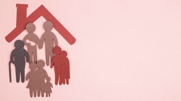 Configuração plana de uma bela família em casa, natureza morta