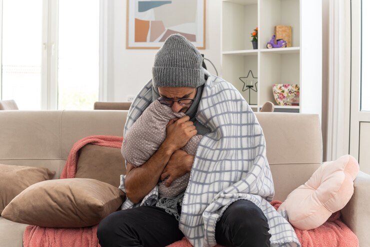 Foto grátis congelando jovem doente em óculos ópticos envolto em xadrez com lenço em volta do pescoço usando chapéu de inverno abraçando o travesseiro olhando para baixo sentado no sofá na sala de estar