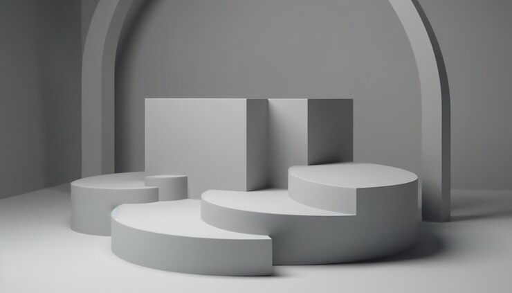 Foto grátis conjunto abstrato elegante de pódios brancos à luz do sol com sombra sobre fundo branco para exibição de produtos