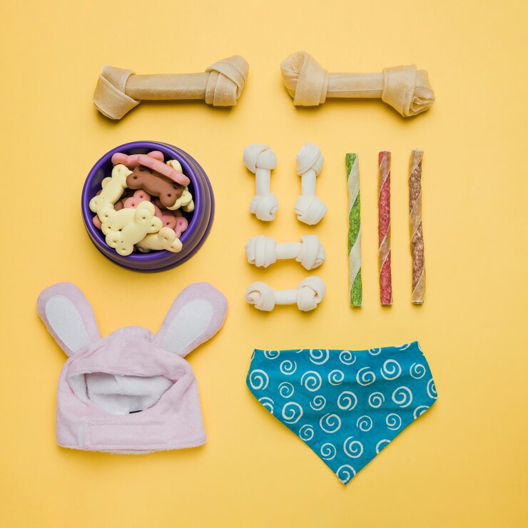 Foto grátis conjunto de comida de cachorro e roupas