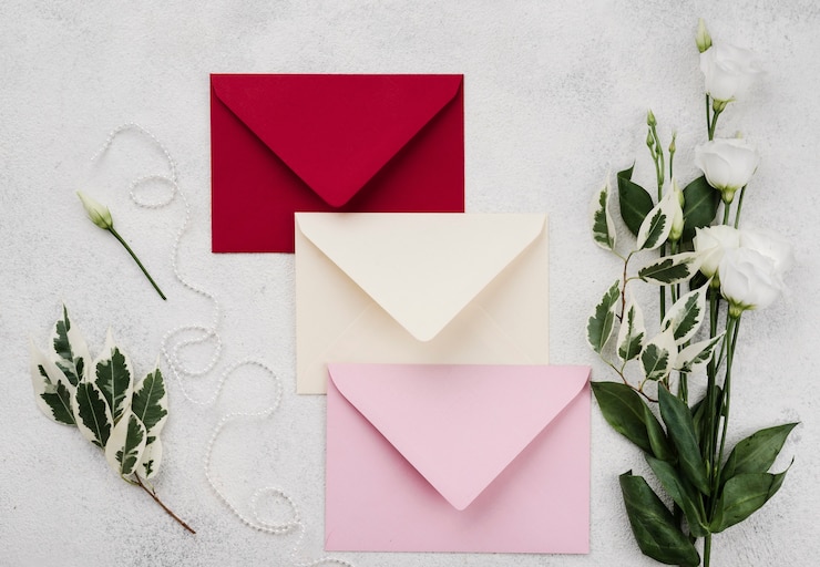 Foto grátis conjunto de envelopes de convite de casamento com flores