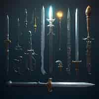 Foto grátis conjunto de espadas e punhais medievais isolados em fundo escuro ilustração 3d