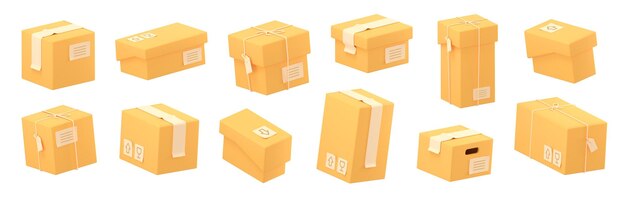 conjunto de ícones isolados de caixas de papelão de renderização 3D