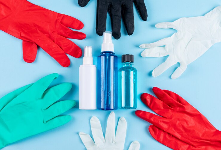 Foto grátis conjunto de sprays, máscara médica e luvas médicas sobre um fundo claro e ciano. vista do topo.