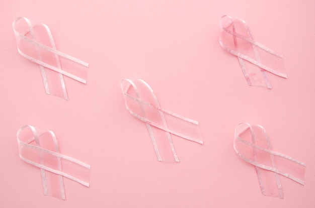 Conscientização do câncer com fitas em fundo rosa