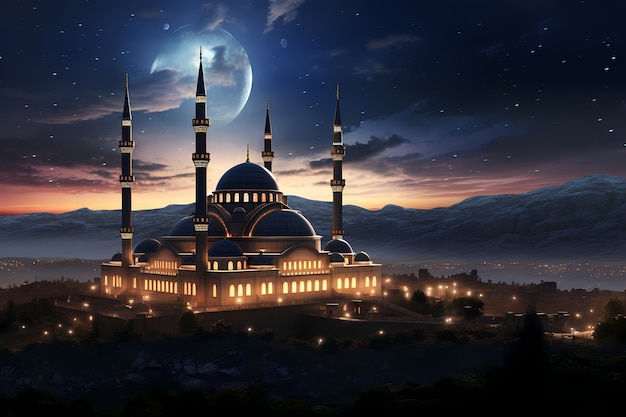 Construção e arquitetura intrincada da mesquita à noite