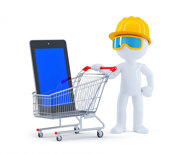 Construtor com carrinho de compras e tablet em tela vazia