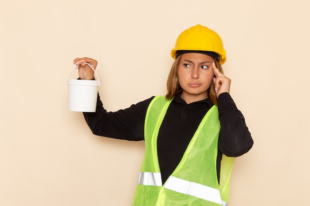 Foto grátis construtor feminino de vista frontal com capacete amarelo segurando tinta e pensando na parede branca construtor feminino arquiteto de construção