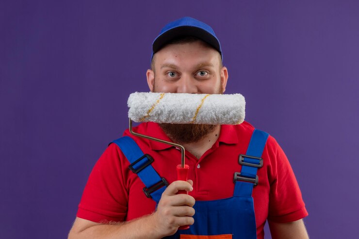 Foto grátis construtor jovem barbudo com uniforme de construção e boné escondendo o rosto atrás do rolo de pintura, sorrindo sobre fundo roxo
